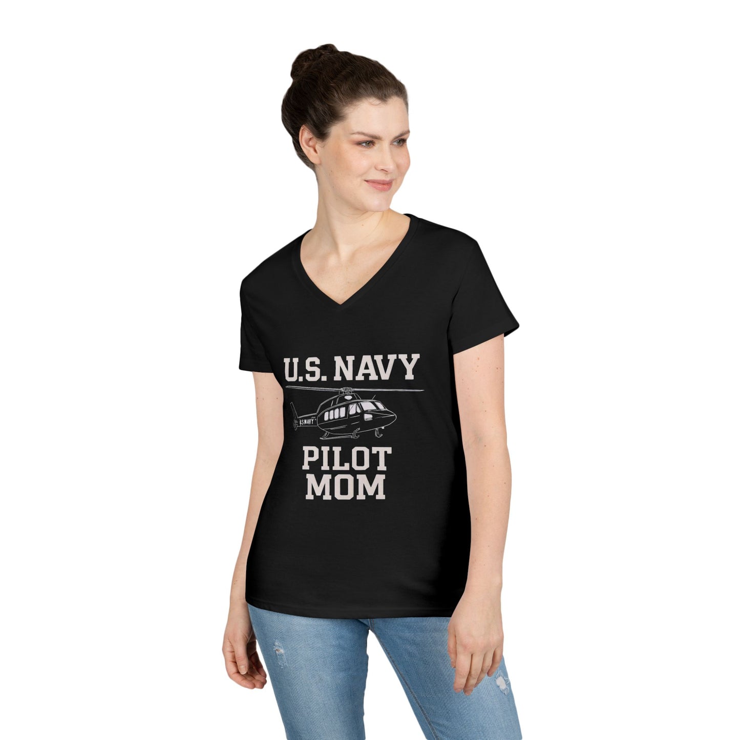 U.S. Navy Pilot Mom V-Neck Tee, Military Mom Gift, Air Force Apparel, Proud Navy Family Shirt, Women's Graphic Tee