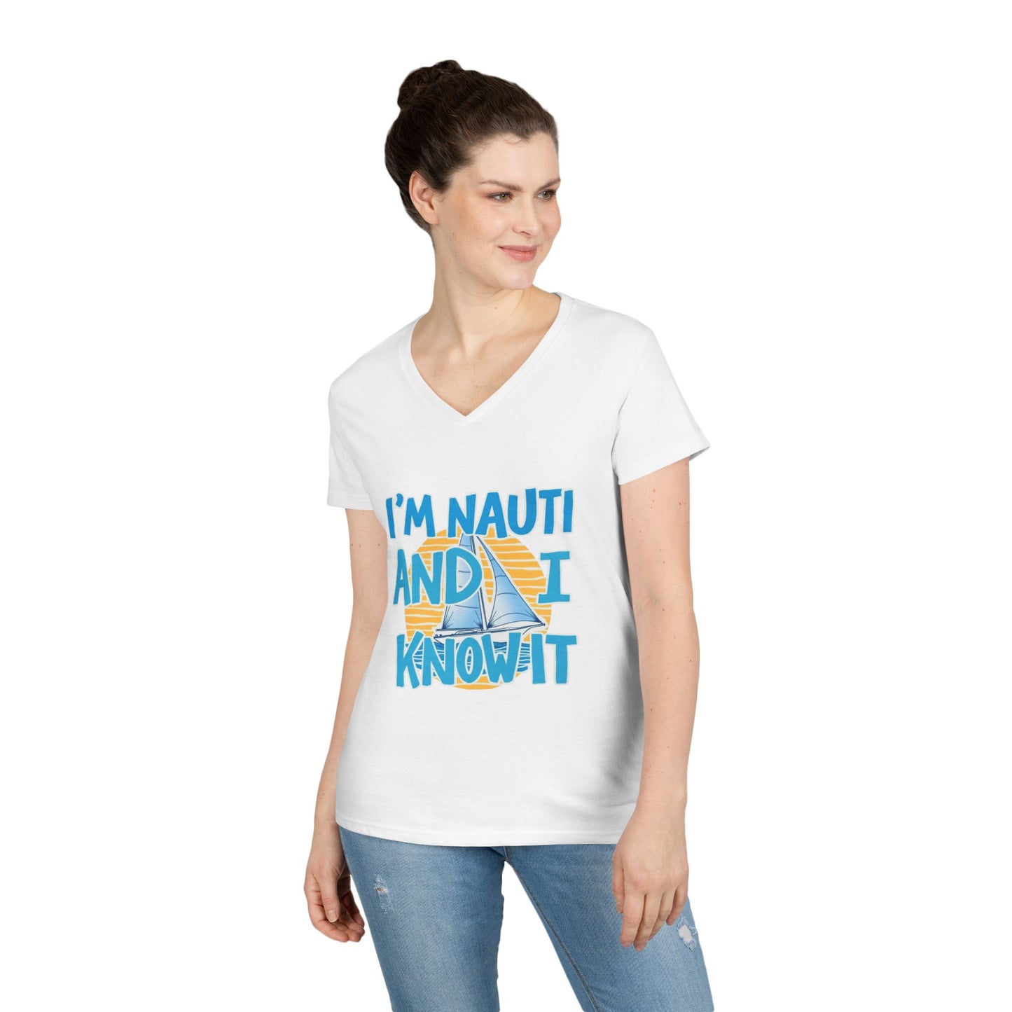 Ladies' Nautical V-Neck T-Shirt, Fun Vacation Tee, Gift for Sailors, Boating Enthusiasts, Summer Beachwear, Nautical Humor Top