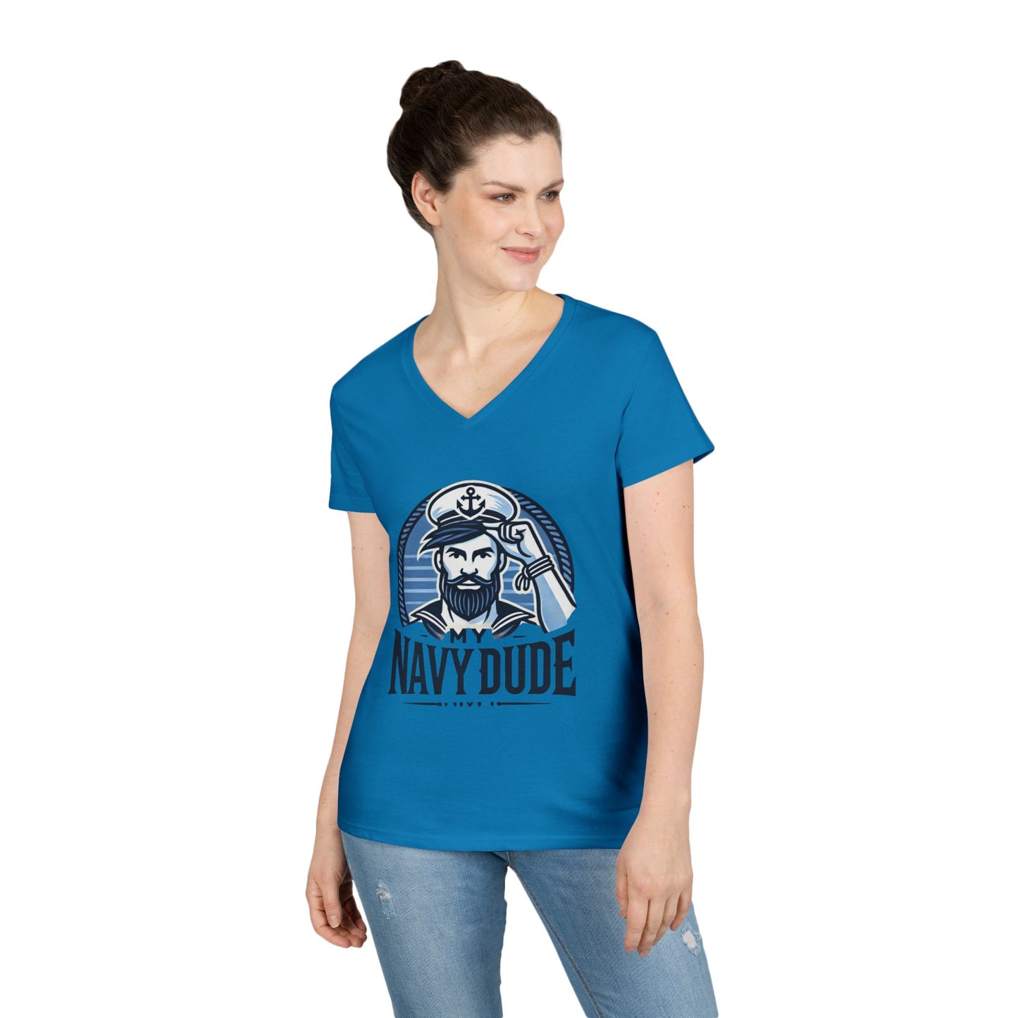 My Navy Dude Ladies' V-Neck T-Shirt, Nautical Humor Tee, Gift for Sailor Wives, Casual Wear, Navy Family Apparel, Navy Sister, Navy Daughter