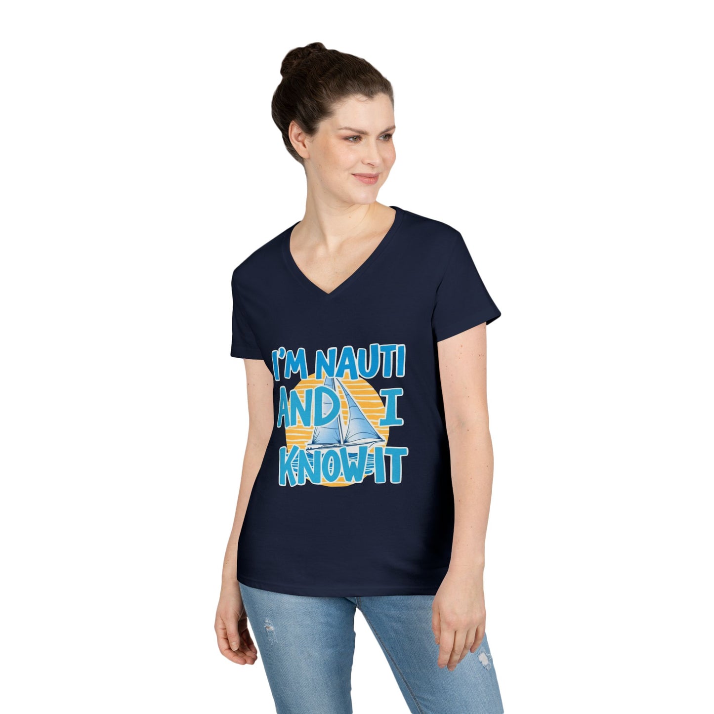 Ladies' Nautical V-Neck T-Shirt, Fun Vacation Tee, Gift for Sailors, Boating Enthusiasts, Summer Beachwear, Nautical Humor Top