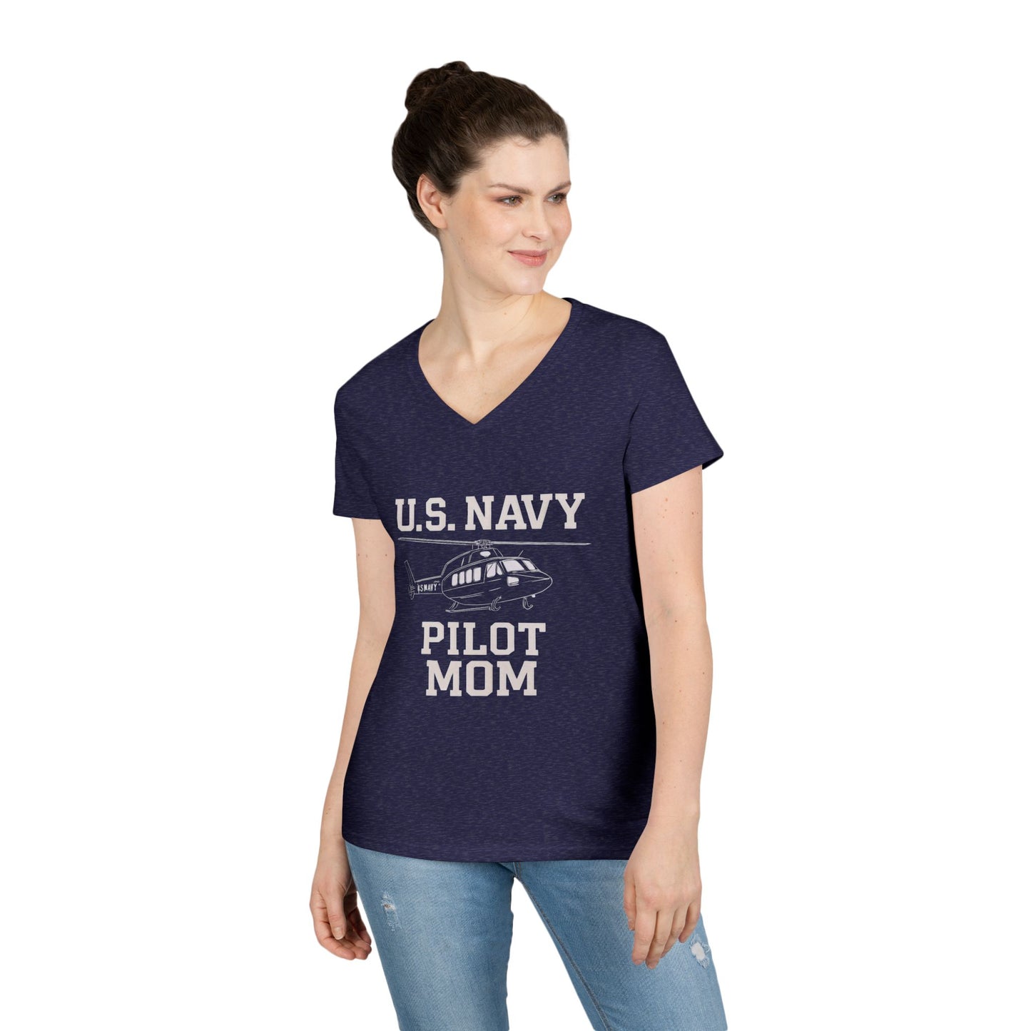 U.S. Navy Pilot Mom V-Neck Tee, Military Mom Gift, Air Force Apparel, Proud Navy Family Shirt, Women's Graphic Tee