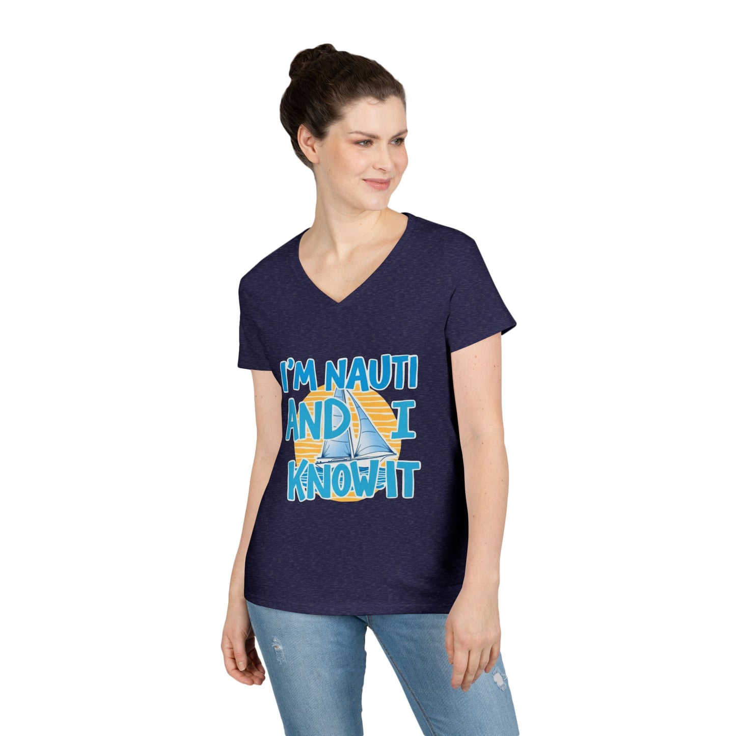 Ladies' Nautical V-Neck T-Shirt, Fun Vacation Tee, Gift for Sailors, Boating Enthusiasts, Summer Beachwear, Nautical Humor Top