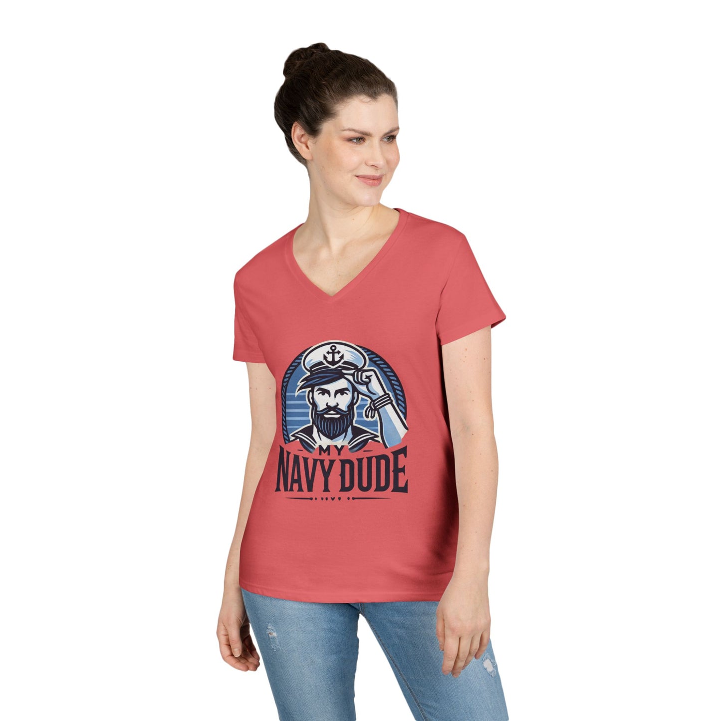 My Navy Dude Ladies' V-Neck T-Shirt, Nautical Humor Tee, Gift for Sailor Wives, Casual Wear, Navy Family Apparel, Navy Sister, Navy Daughter