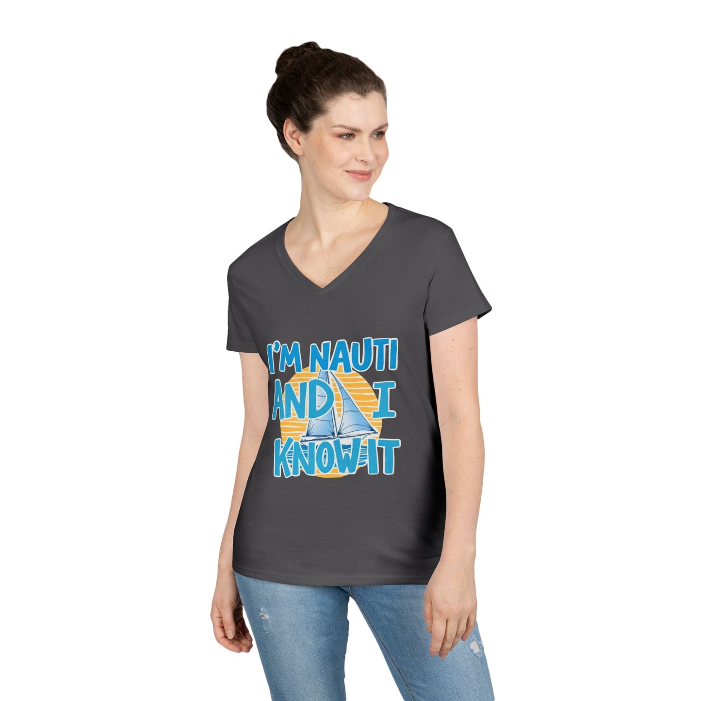 Ladies' Nautical V-Neck T-Shirt, Fun Vacation Tee, Gift for Sailors, Boating Enthusiasts, Summer Beachwear, Nautical Humor Top