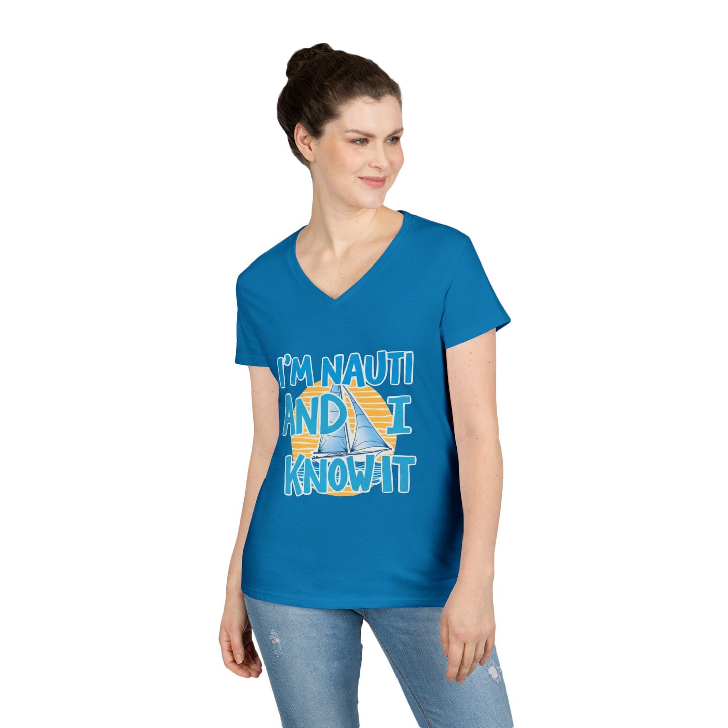 Ladies' Nautical V-Neck T-Shirt, Fun Vacation Tee, Gift for Sailors, Boating Enthusiasts, Summer Beachwear, Nautical Humor Top