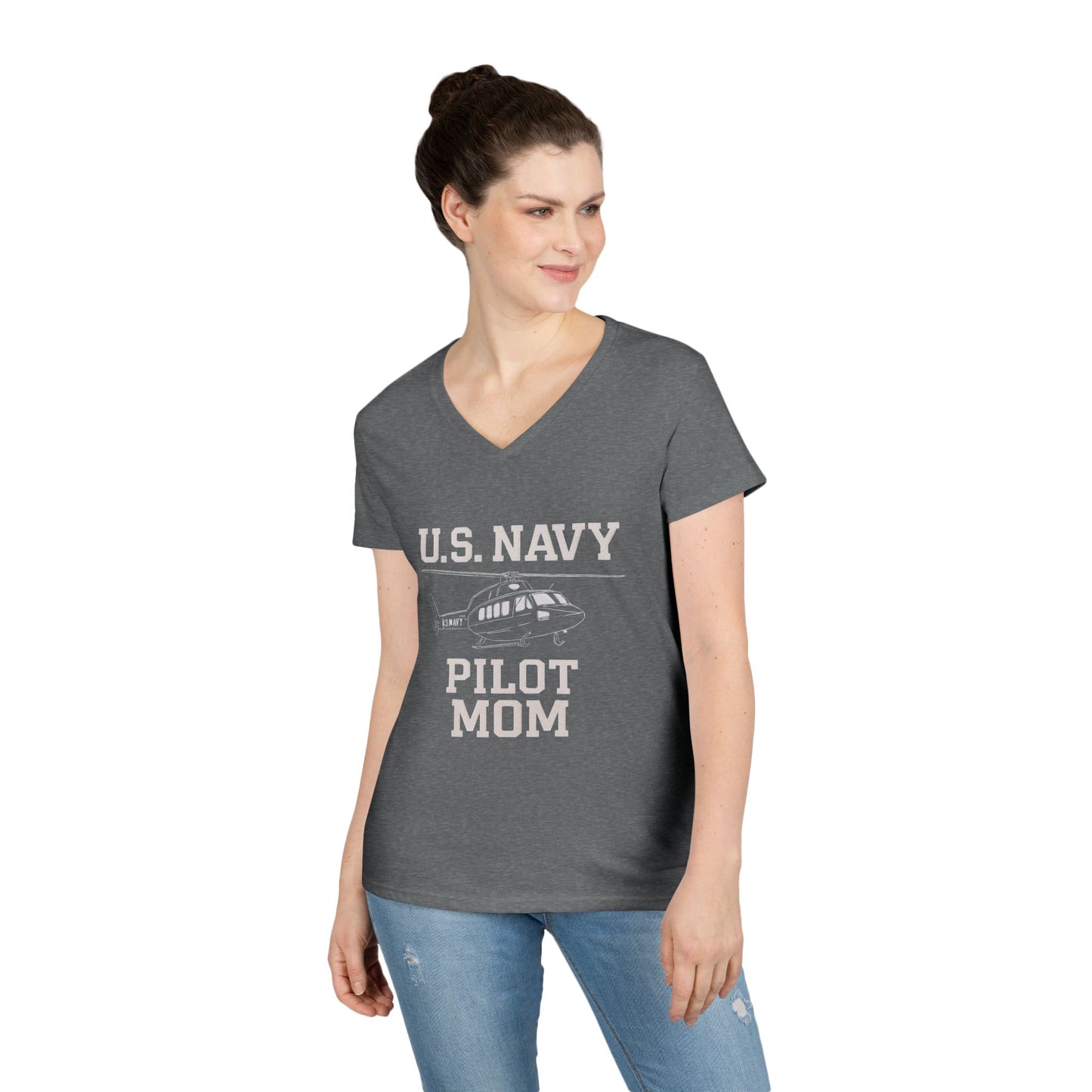 U.S. Navy Pilot Mom V-Neck Tee, Military Mom Gift, Air Force Apparel, Proud Navy Family Shirt, Women's Graphic Tee