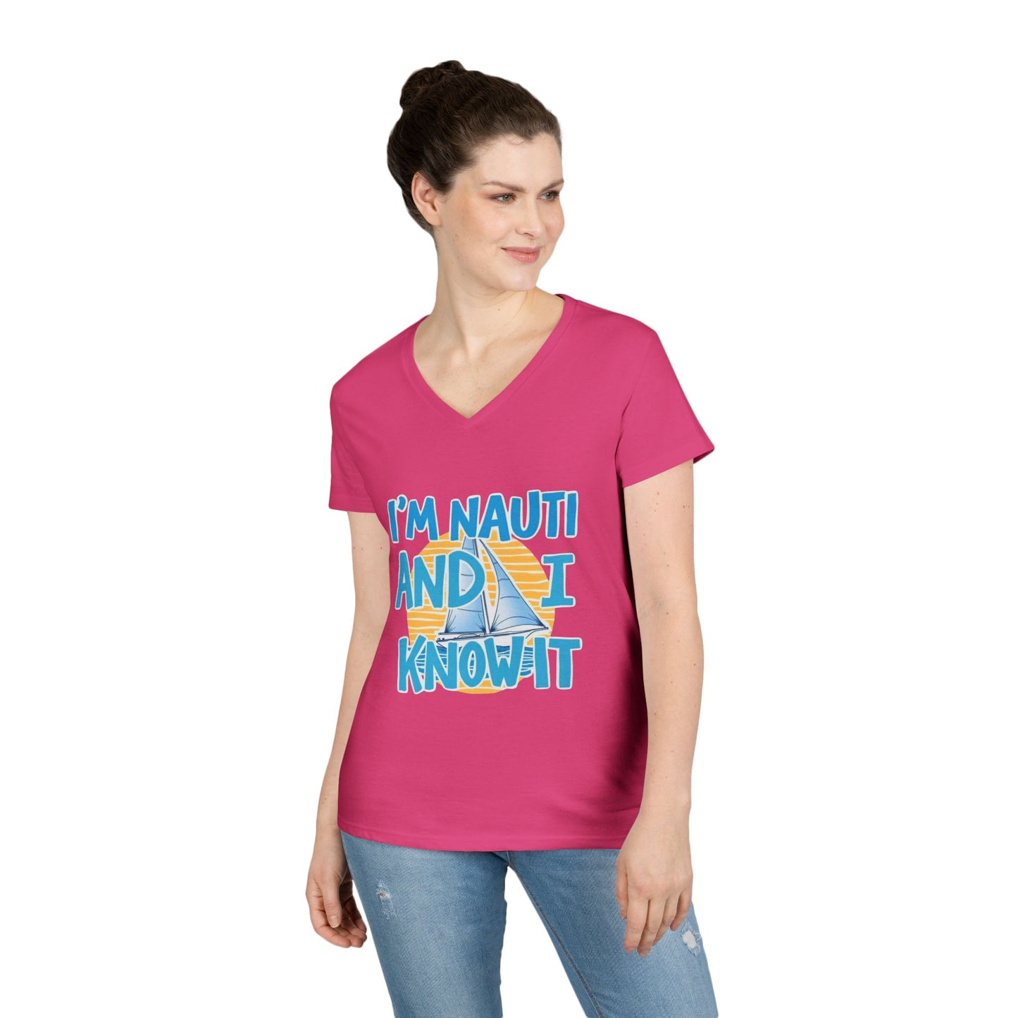 Ladies' Nautical V-Neck T-Shirt, Fun Vacation Tee, Gift for Sailors, Boating Enthusiasts, Summer Beachwear, Nautical Humor Top