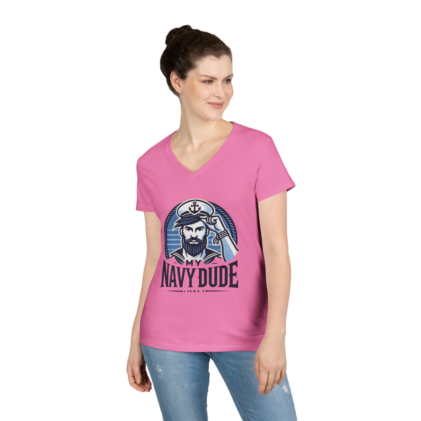 My Navy Dude Ladies' V-Neck T-Shirt, Nautical Humor Tee, Gift for Sailor Wives, Casual Wear, Navy Family Apparel, Navy Sister, Navy Daughter