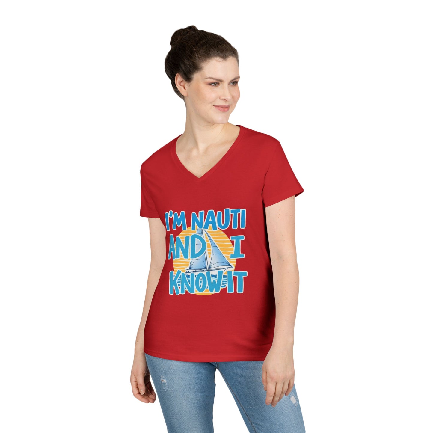 Ladies' Nautical V-Neck T-Shirt, Fun Vacation Tee, Gift for Sailors, Boating Enthusiasts, Summer Beachwear, Nautical Humor Top