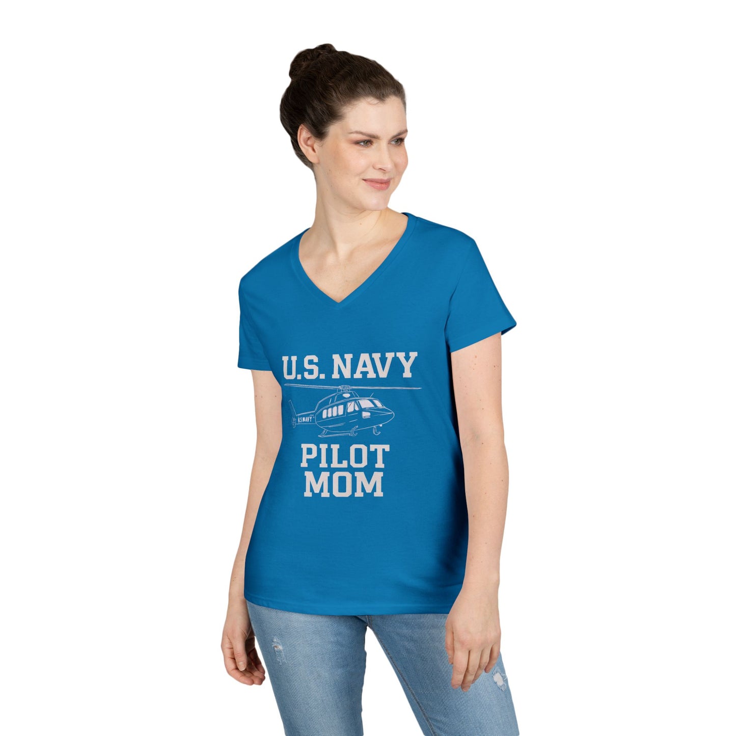 U.S. Navy Pilot Mom V-Neck Tee, Military Mom Gift, Air Force Apparel, Proud Navy Family Shirt, Women's Graphic Tee