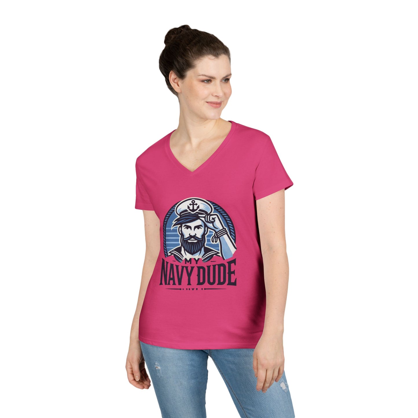 My Navy Dude Ladies' V-Neck T-Shirt, Nautical Humor Tee, Gift for Sailor Wives, Casual Wear, Navy Family Apparel, Navy Sister, Navy Daughter