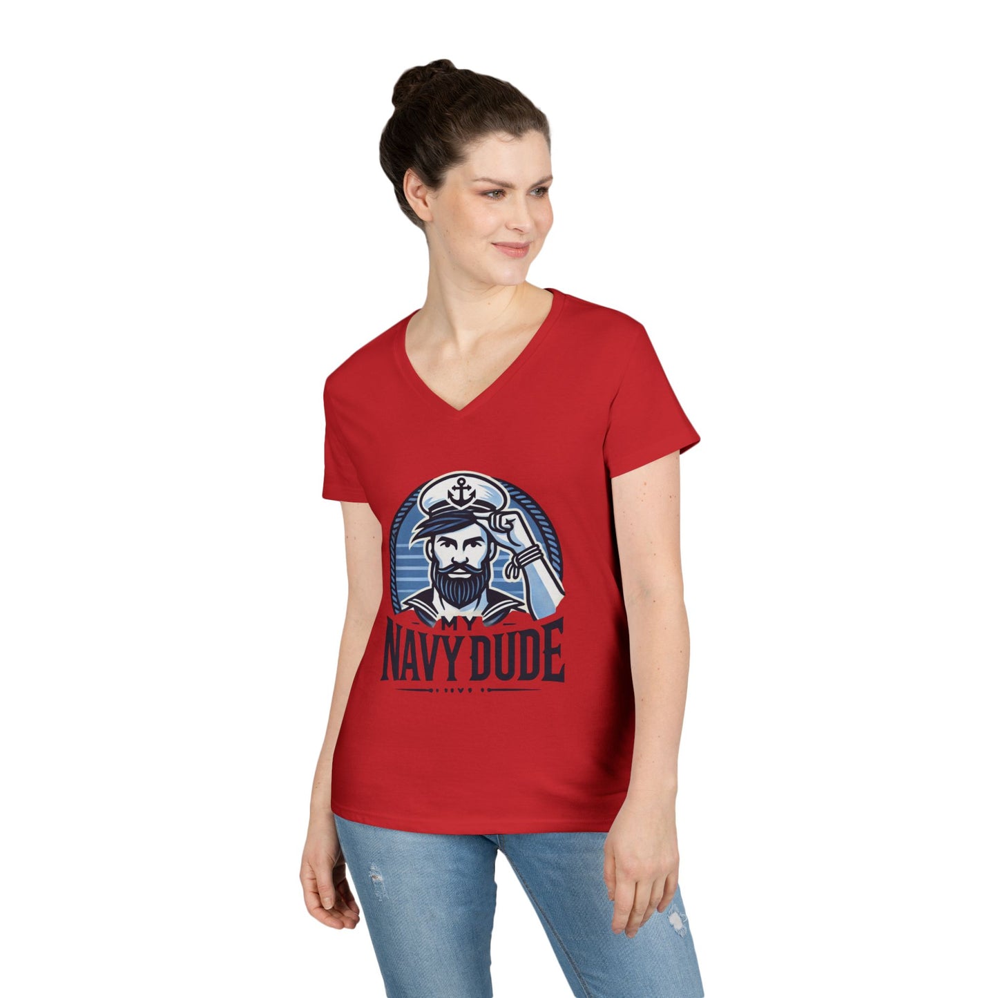My Navy Dude Ladies' V-Neck T-Shirt, Nautical Humor Tee, Gift for Sailor Wives, Casual Wear, Navy Family Apparel, Navy Sister, Navy Daughter