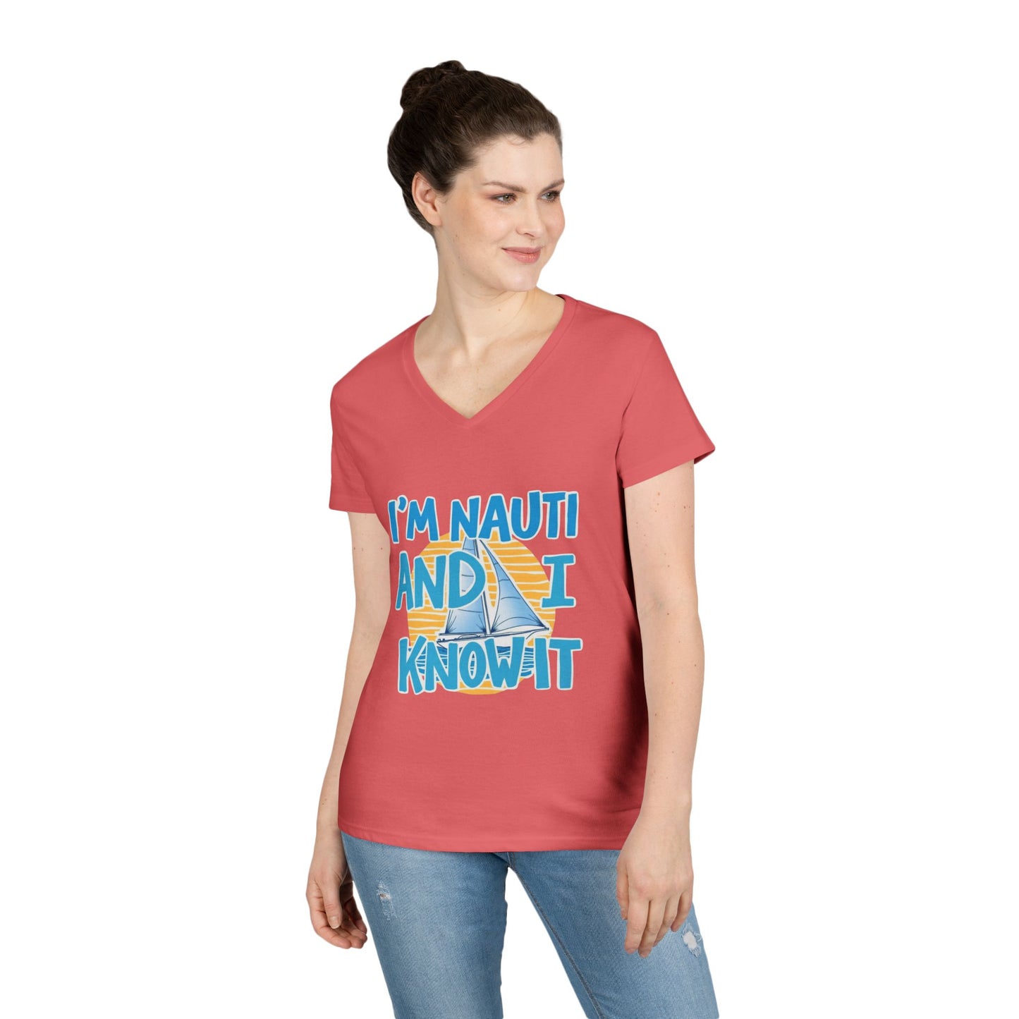 Ladies' Nautical V-Neck T-Shirt, Fun Vacation Tee, Gift for Sailors, Boating Enthusiasts, Summer Beachwear, Nautical Humor Top