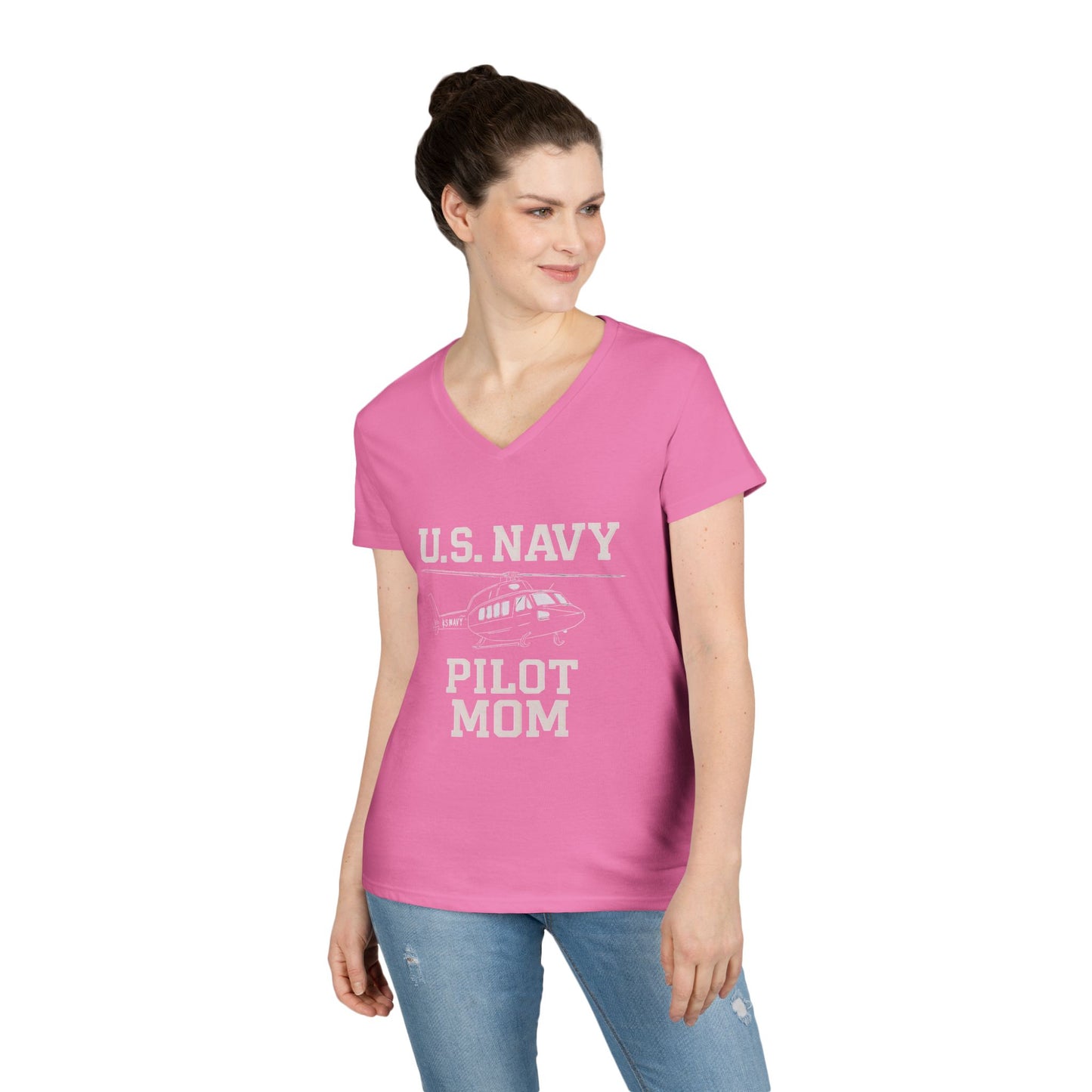 U.S. Navy Pilot Mom V-Neck Tee, Military Mom Gift, Air Force Apparel, Proud Navy Family Shirt, Women's Graphic Tee
