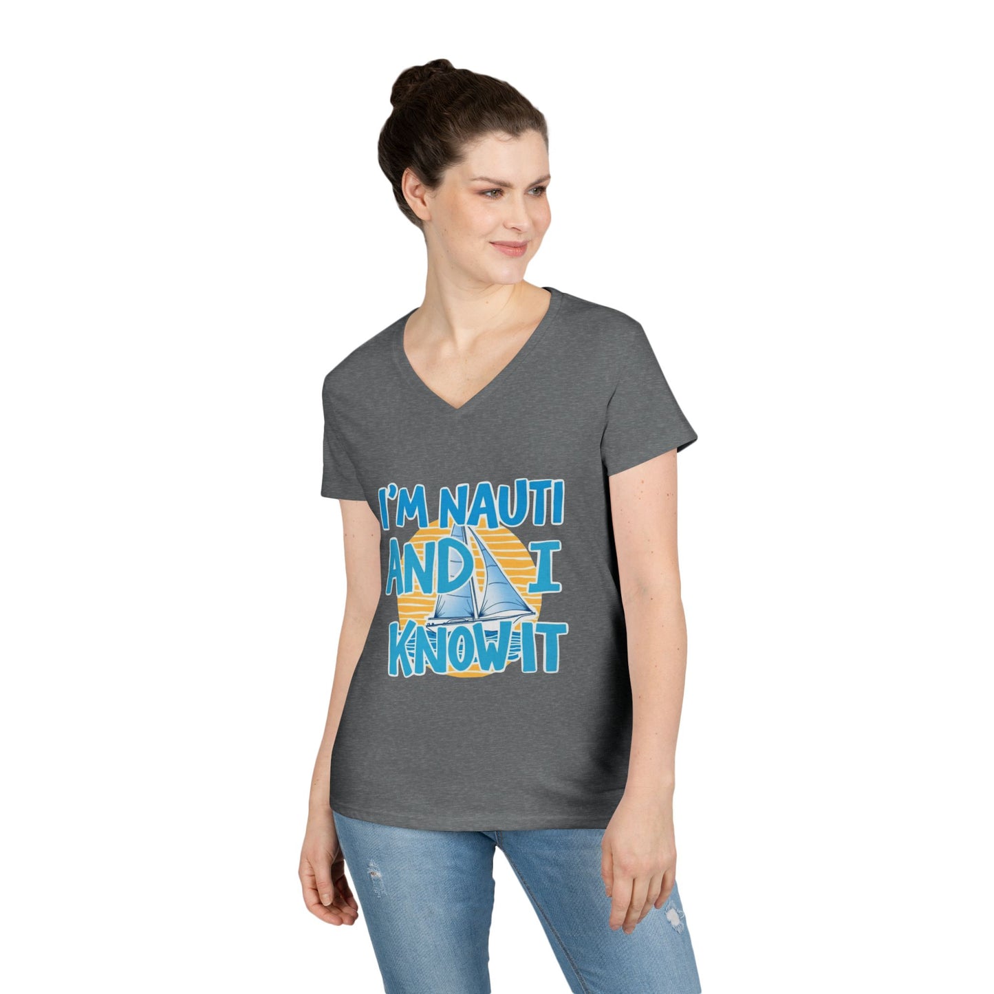 Ladies' Nautical V-Neck T-Shirt, Fun Vacation Tee, Gift for Sailors, Boating Enthusiasts, Summer Beachwear, Nautical Humor Top