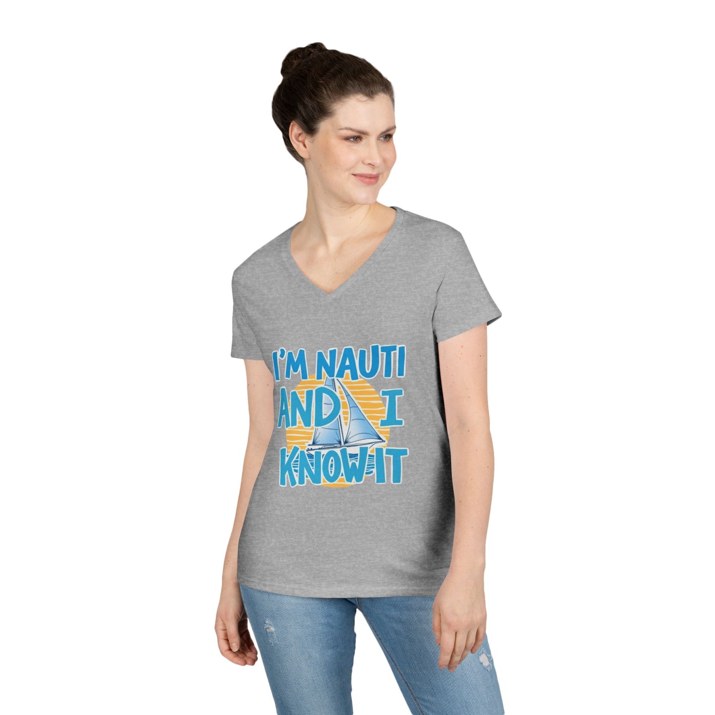 Ladies' Nautical V-Neck T-Shirt, Fun Vacation Tee, Gift for Sailors, Boating Enthusiasts, Summer Beachwear, Nautical Humor Top