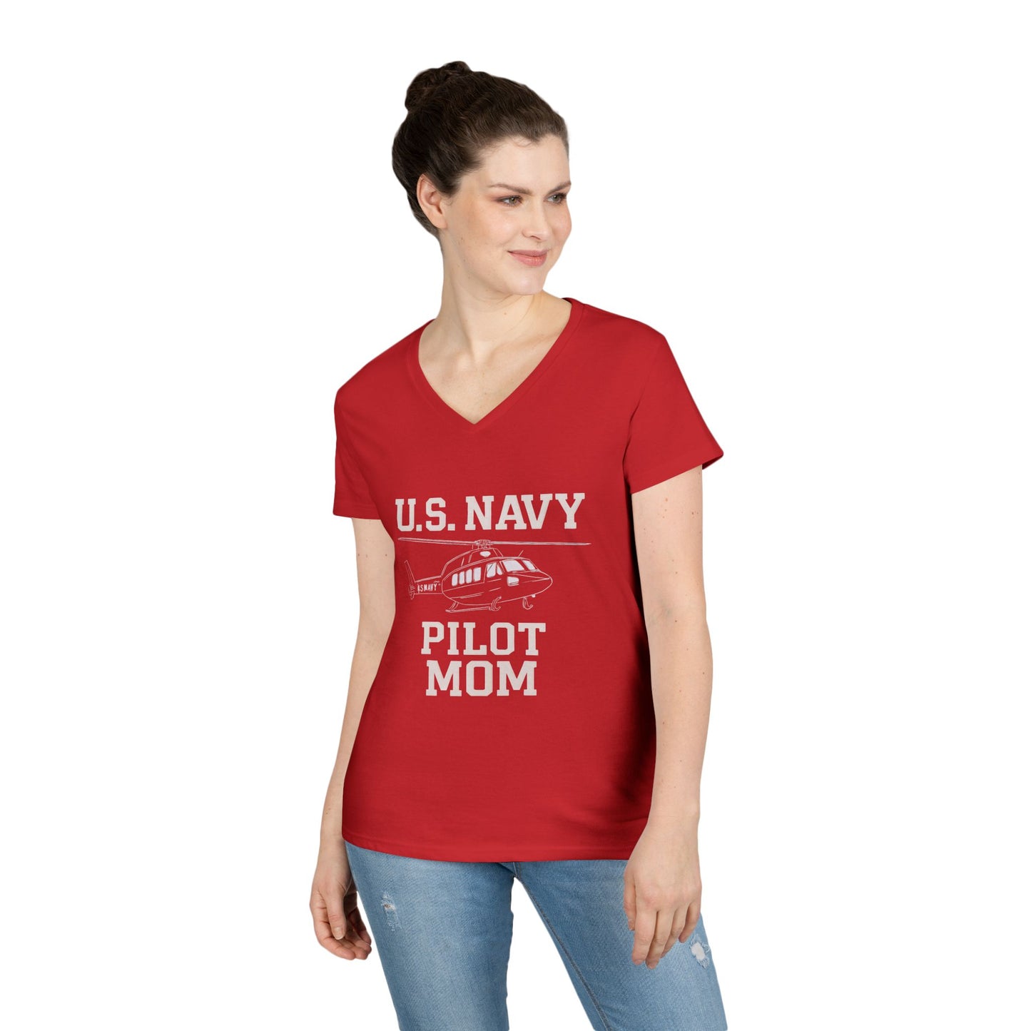 U.S. Navy Pilot Mom V-Neck Tee, Military Mom Gift, Air Force Apparel, Proud Navy Family Shirt, Women's Graphic Tee