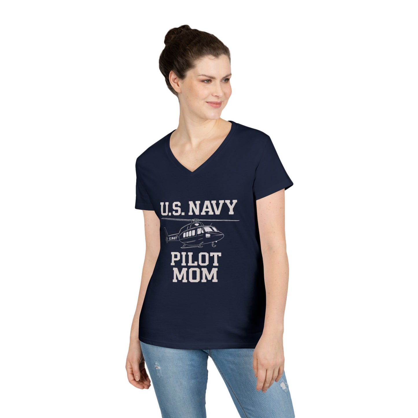 U.S. Navy Pilot Mom V-Neck Tee, Military Mom Gift, Air Force Apparel, Proud Navy Family Shirt, Women's Graphic Tee