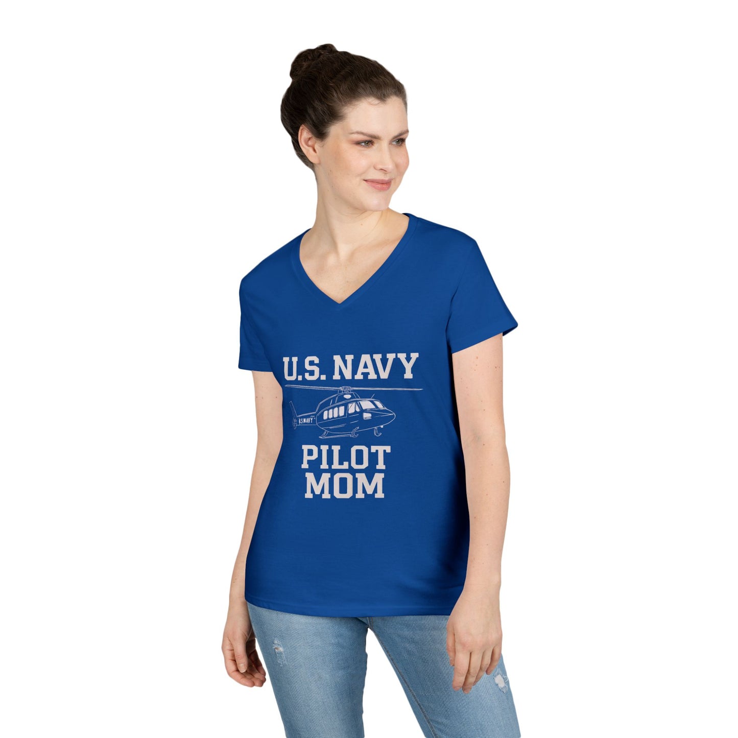 U.S. Navy Pilot Mom V-Neck Tee, Military Mom Gift, Air Force Apparel, Proud Navy Family Shirt, Women's Graphic Tee