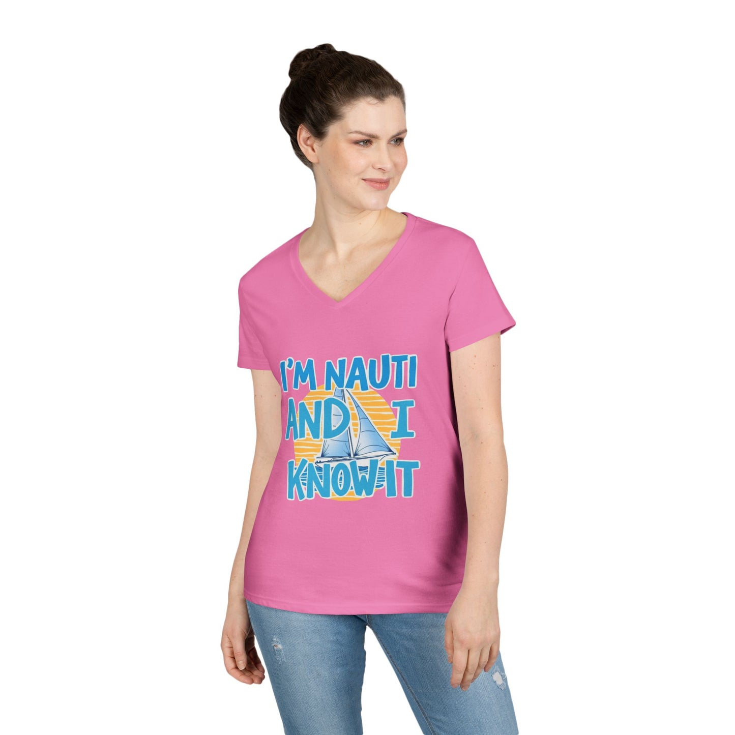 Ladies' Nautical V-Neck T-Shirt, Fun Vacation Tee, Gift for Sailors, Boating Enthusiasts, Summer Beachwear, Nautical Humor Top