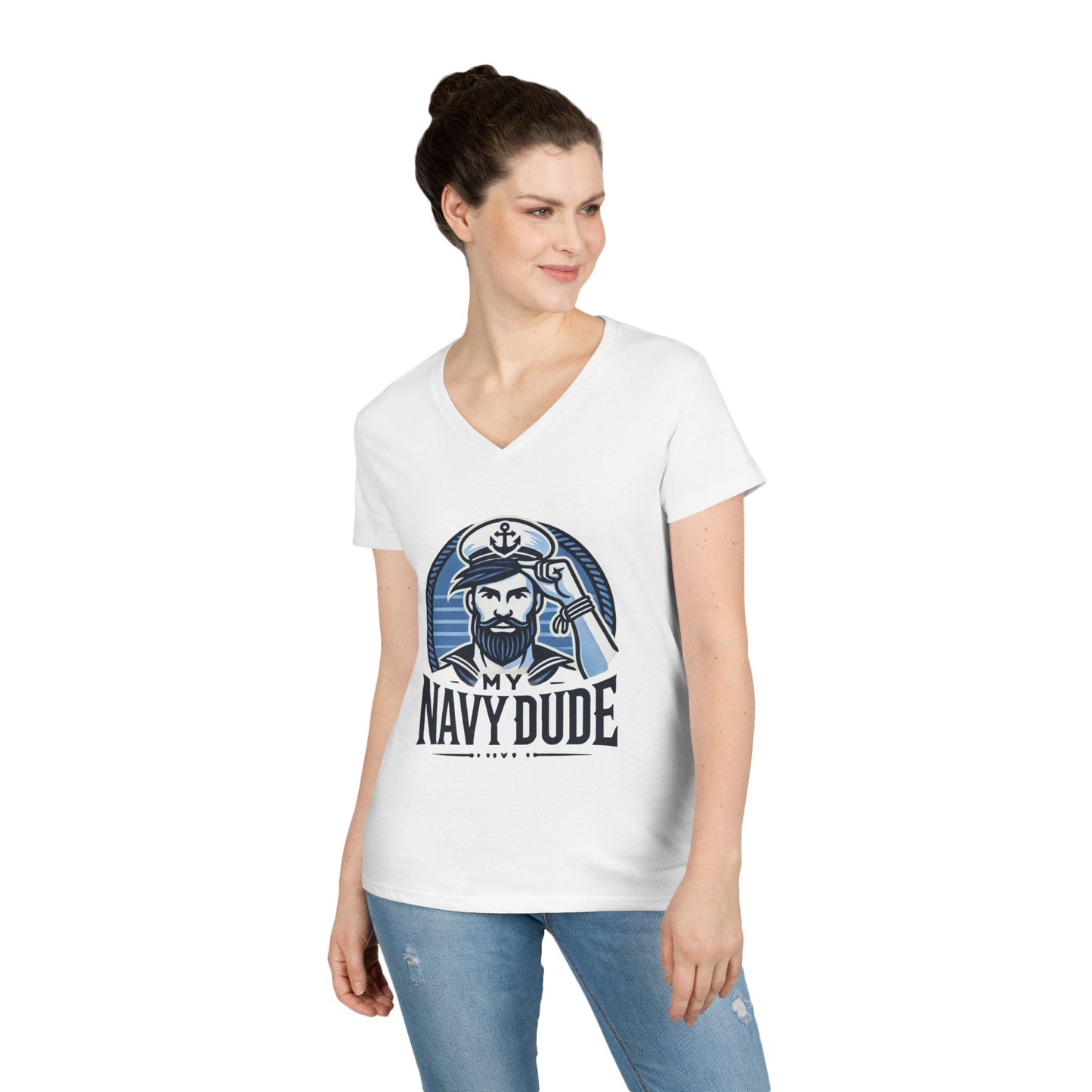My Navy Dude Ladies' V-Neck T-Shirt, Nautical Humor Tee, Gift for Sailor Wives, Casual Wear, Navy Family Apparel, Navy Sister, Navy Daughter