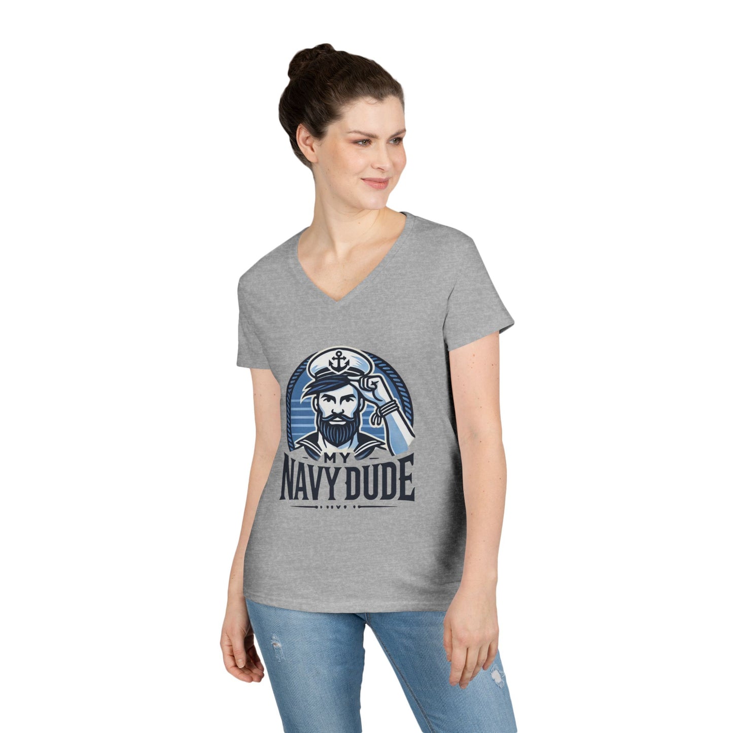 My Navy Dude Ladies' V-Neck T-Shirt, Nautical Humor Tee, Gift for Sailor Wives, Casual Wear, Navy Family Apparel, Navy Sister, Navy Daughter