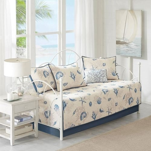 6-Piece Nautical Sea Shells Coral Blue Beige Reversible Daybed Cover