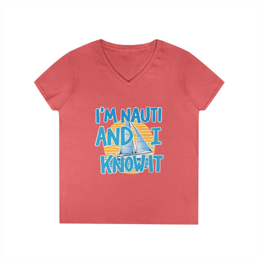 Ladies' Nautical V-Neck T-Shirt, Fun Vacation Tee, Gift for Sailors, Boating Enthusiasts, Summer Beachwear, Nautical Humor Top